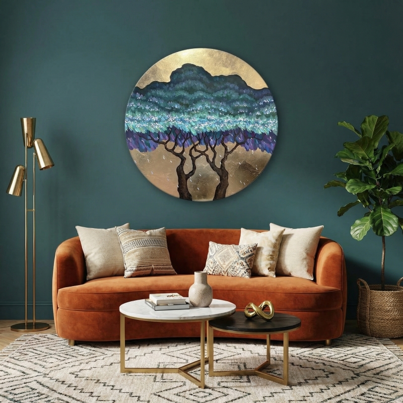 "Яблоня на закате" - Круглый холст, акрил, золотая поталь